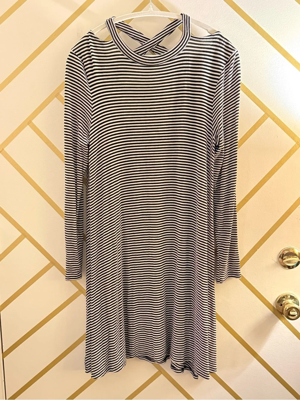 American Heritage Striped Long-Sleeve Swing Dress with Keyhole Back